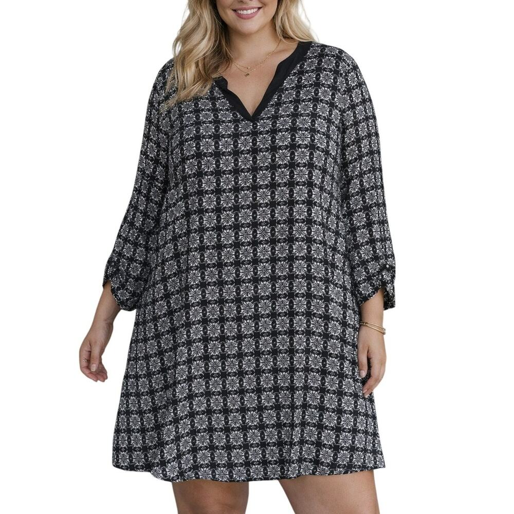 Concepts Shift Dress Womens 4X Plus Black White Geometric Print 3/4 Sleeve Boho